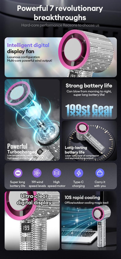 🔥Final 3 Hours – 50% OFF!Full Diamond Luxury Craftsmanship Portable Handheld Turbo Fan, 3 Gear Wind, Rechargeable Long Battery Life Hand Fan With Digital Display For Outdoor Activities, Travel, Office, Wonmen's gift