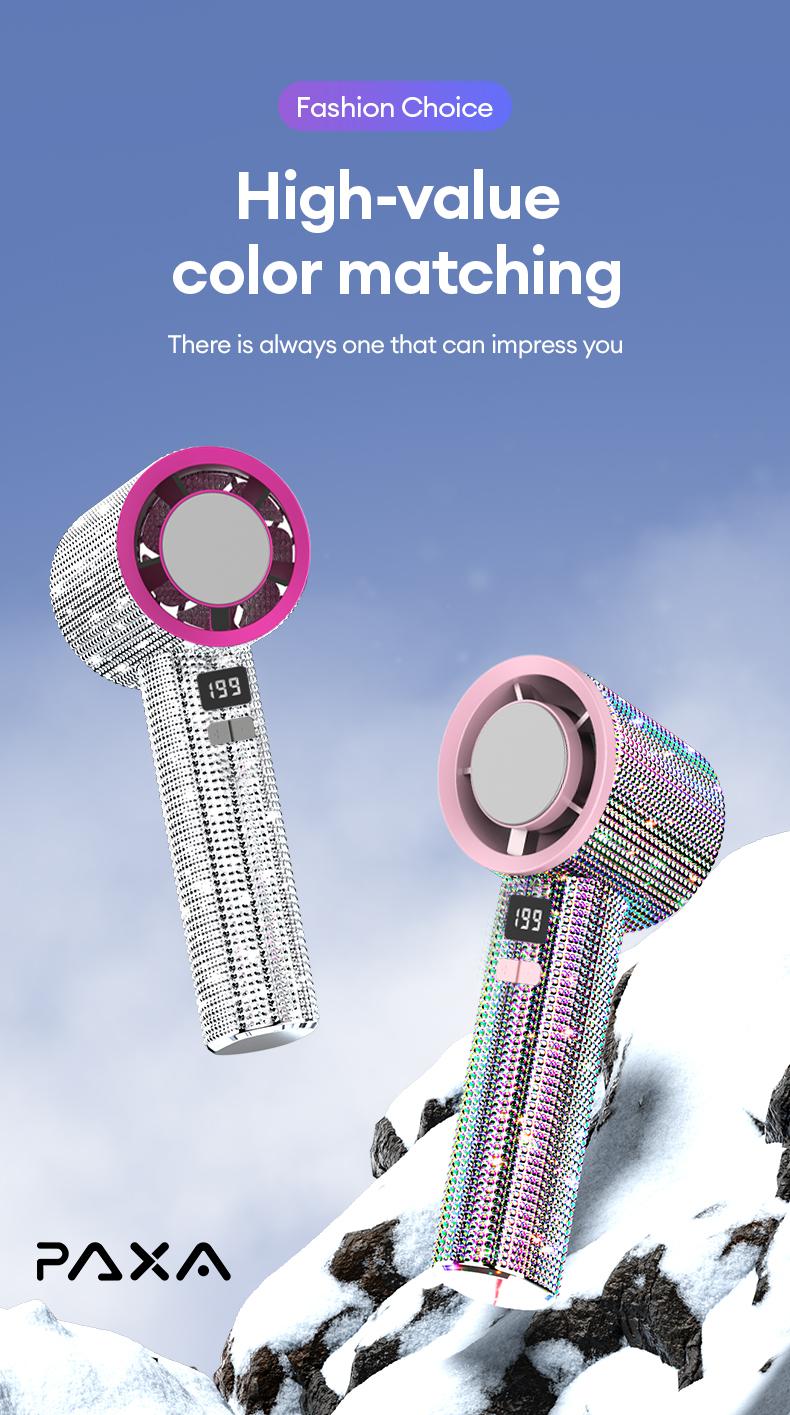 🔥Final 3 Hours – 50% OFF!Full Diamond Luxury Craftsmanship Portable Handheld Turbo Fan, 3 Gear Wind, Rechargeable Long Battery Life Hand Fan With Digital Display For Outdoor Activities, Travel, Office, Wonmen's gift