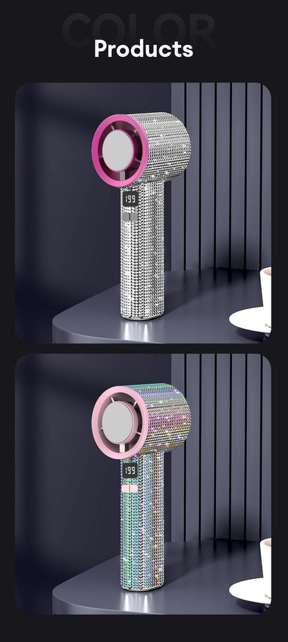 🔥Final 3 Hours – 50% OFF!Full Diamond Luxury Craftsmanship Portable Handheld Turbo Fan, 3 Gear Wind, Rechargeable Long Battery Life Hand Fan With Digital Display For Outdoor Activities, Travel, Office, Wonmen's gift