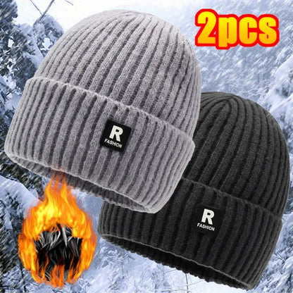 🎁2025-Christmas Hot Sale🎁49% OFF Today Only! 2 Pieces Men's Winter Fashion Fleece-Lined Thick Knitted Hat Outdoor Cycling Cold-Proof Large Head Circumference Knitted Hat Ski Hat