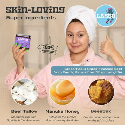 🔥Final 3 Hours – 30% OFF!LASSO Organic Beef Tallow, Manuka Honey & Beeswax Balm 4oz Natural Face & Body Moisturizer Skin Care Frankincense, Lavender, Unscented, Hydrating