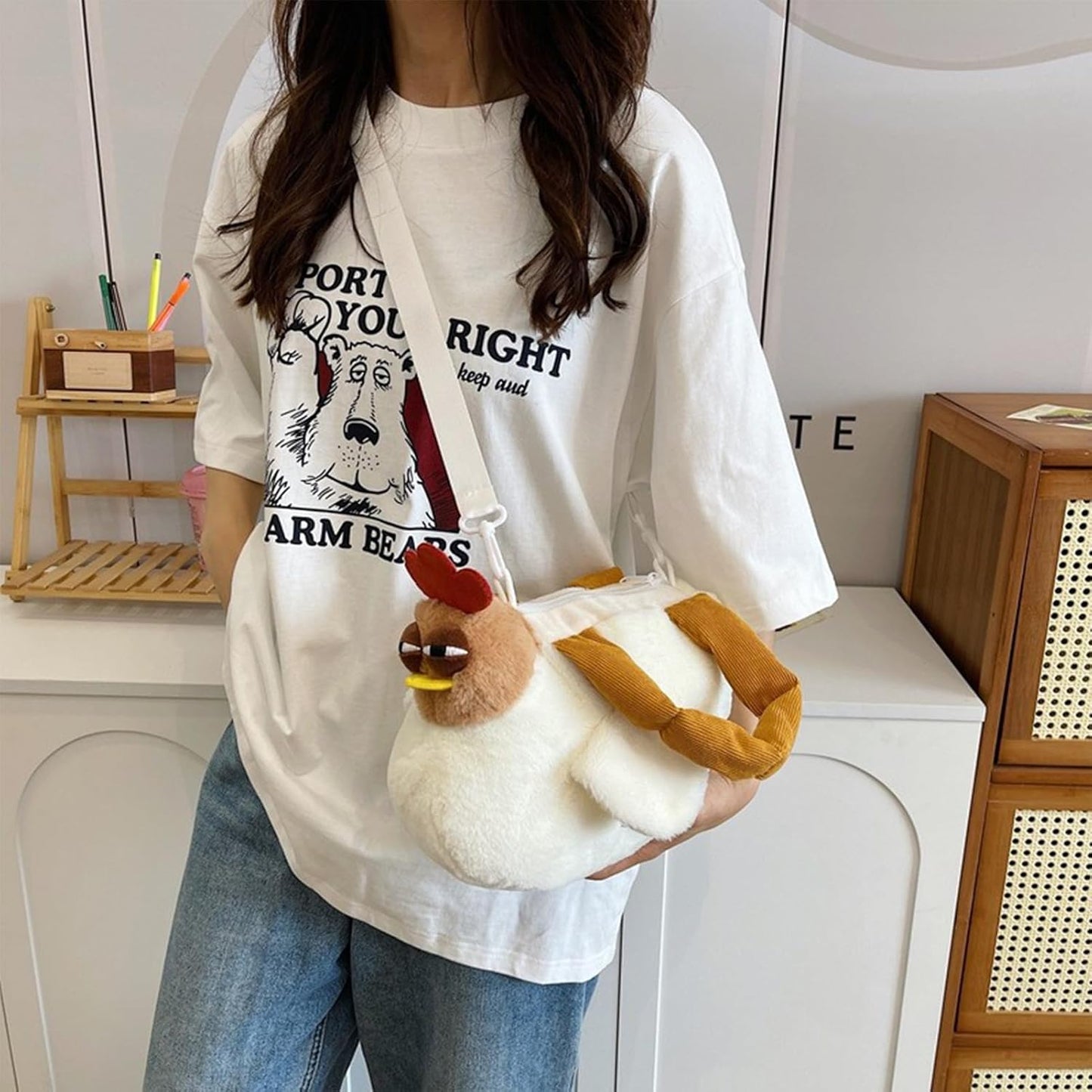 🔥50% OFF Today Only! Chicken Handbag, Funny Animal Bag, Chicken Purse, Rooster Shoulder Strap Fuzzy Cute Mini Makeup Pouch, Novelty Plush Hen Bag