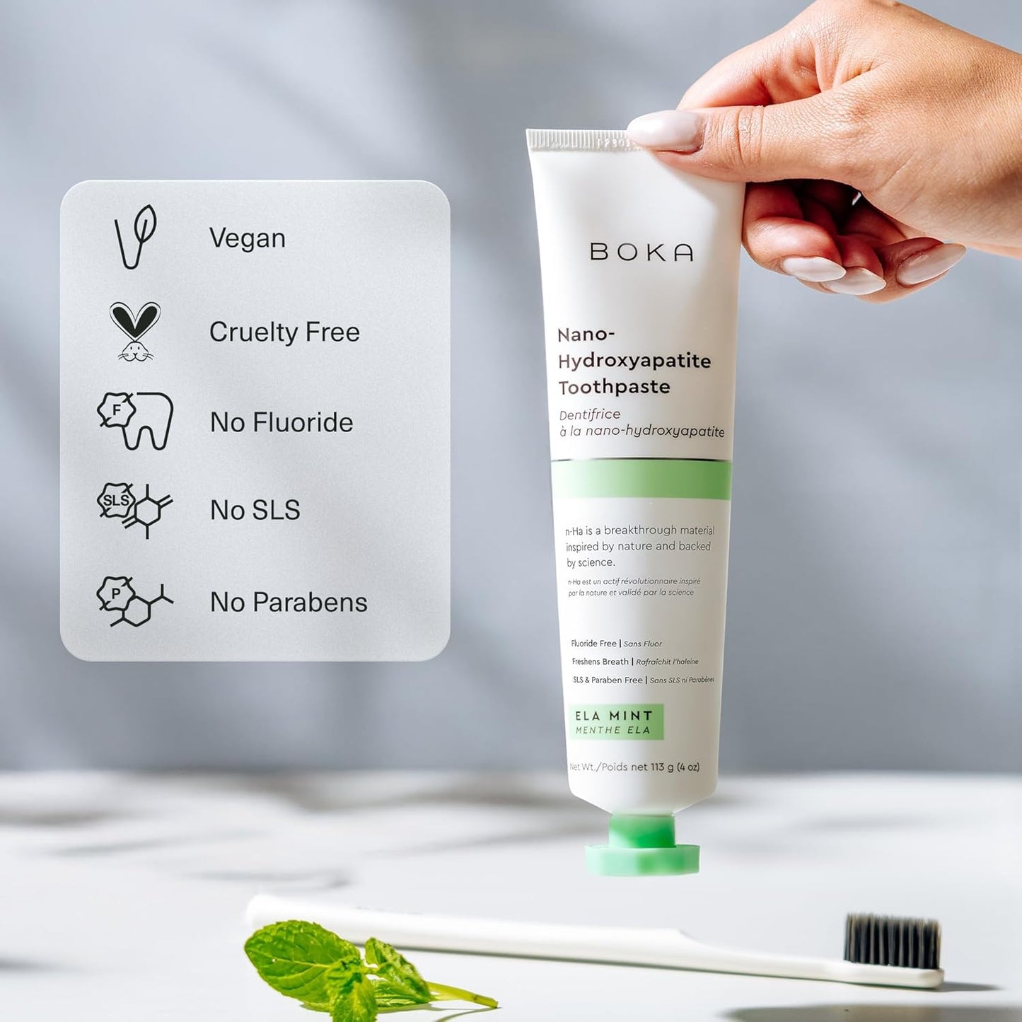Boka Fluoride Free Toothpaste, Nano Hydroxyapatite Toothpaste, Appropriate for Sensitive Teeth - for Adult, Kids Oral Care - Ela Mint Flavor, 4 Fl Oz 1Pk US Manufactured
