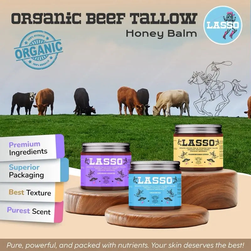 🔥Final 3 Hours – 30% OFF!LASSO Organic Beef Tallow, Manuka Honey & Beeswax Balm 4oz Natural Face & Body Moisturizer Skin Care Frankincense, Lavender, Unscented, Hydrating