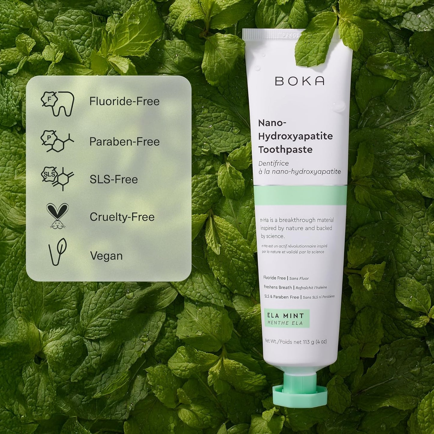 Boka Fluoride Free Toothpaste, Nano Hydroxyapatite Toothpaste, Appropriate for Sensitive Teeth - for Adult, Kids Oral Care - Ela Mint Flavor, 4 Fl Oz 1Pk US Manufactured