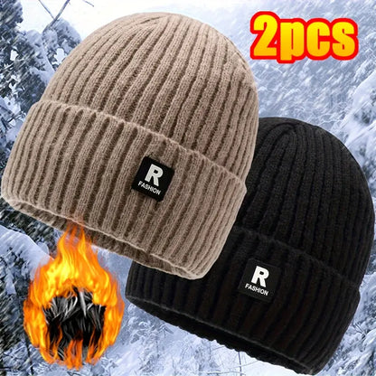 🎁2025-Christmas Hot Sale🎁49% OFF Today Only! 2 Pieces Men's Winter Fashion Fleece-Lined Thick Knitted Hat Outdoor Cycling Cold-Proof Large Head Circumference Knitted Hat Ski Hat