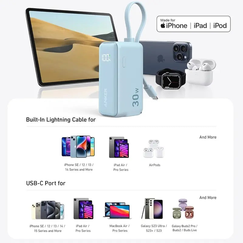 🏆LAST DAY SALE 40% OFF⏰Anker 3-in-1 Power Bank, 10,000mAh Portable Charger with Built-In Cable and Foldable Plug, 30W Battery Pack, For iPhone 6-14 Series